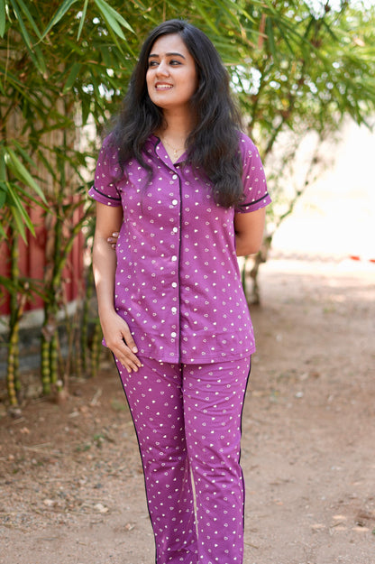 PREMIUM COLLAR PYJAMA SET DRESS WITH HEARTY VIOLET