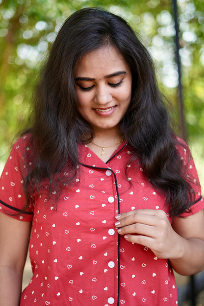 PREMIUM COLLAR PYJAMA SET DRESS WITH HEARTY RED