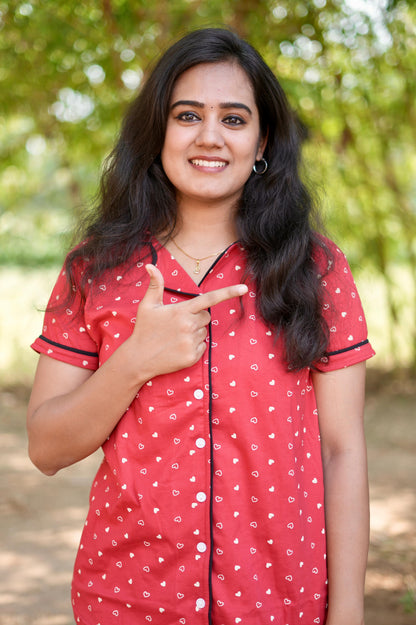 PREMIUM COLLAR PYJAMA SET DRESS WITH HEARTY RED