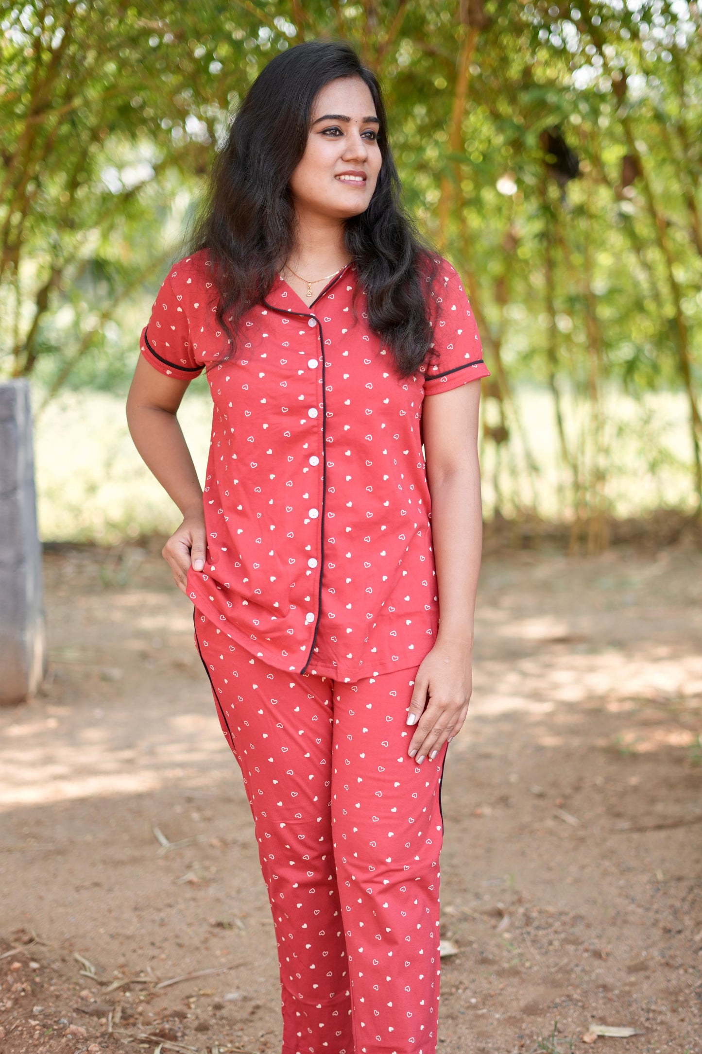 PREMIUM COLLAR PYJAMA SET DRESS WITH HEARTY RED