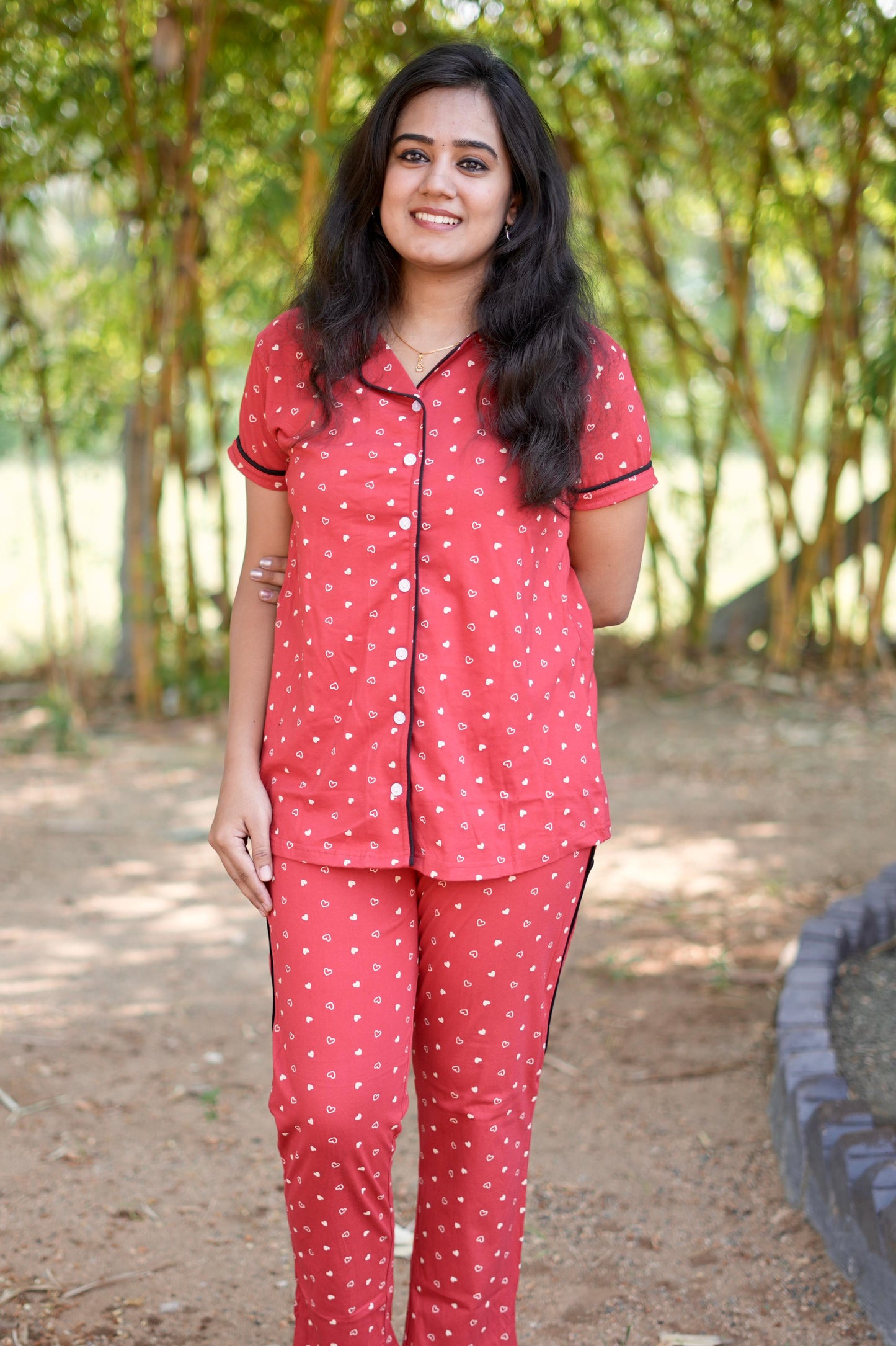 PREMIUM COLLAR PYJAMA SET DRESS WITH HEARTY RED