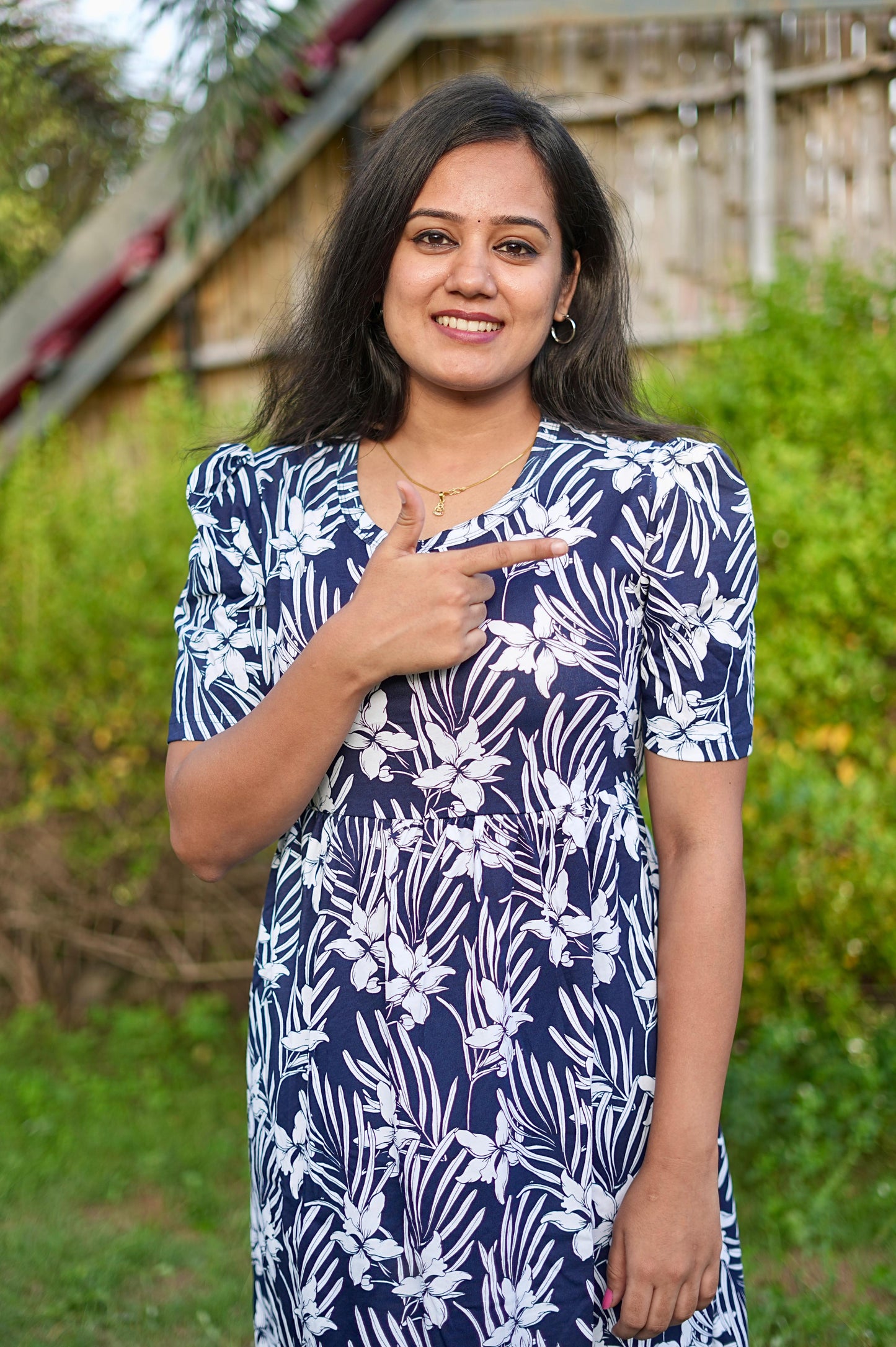 PUFF TYPE MAXI COTTON LOUNGE WEAR WITH FLORAL NAVY