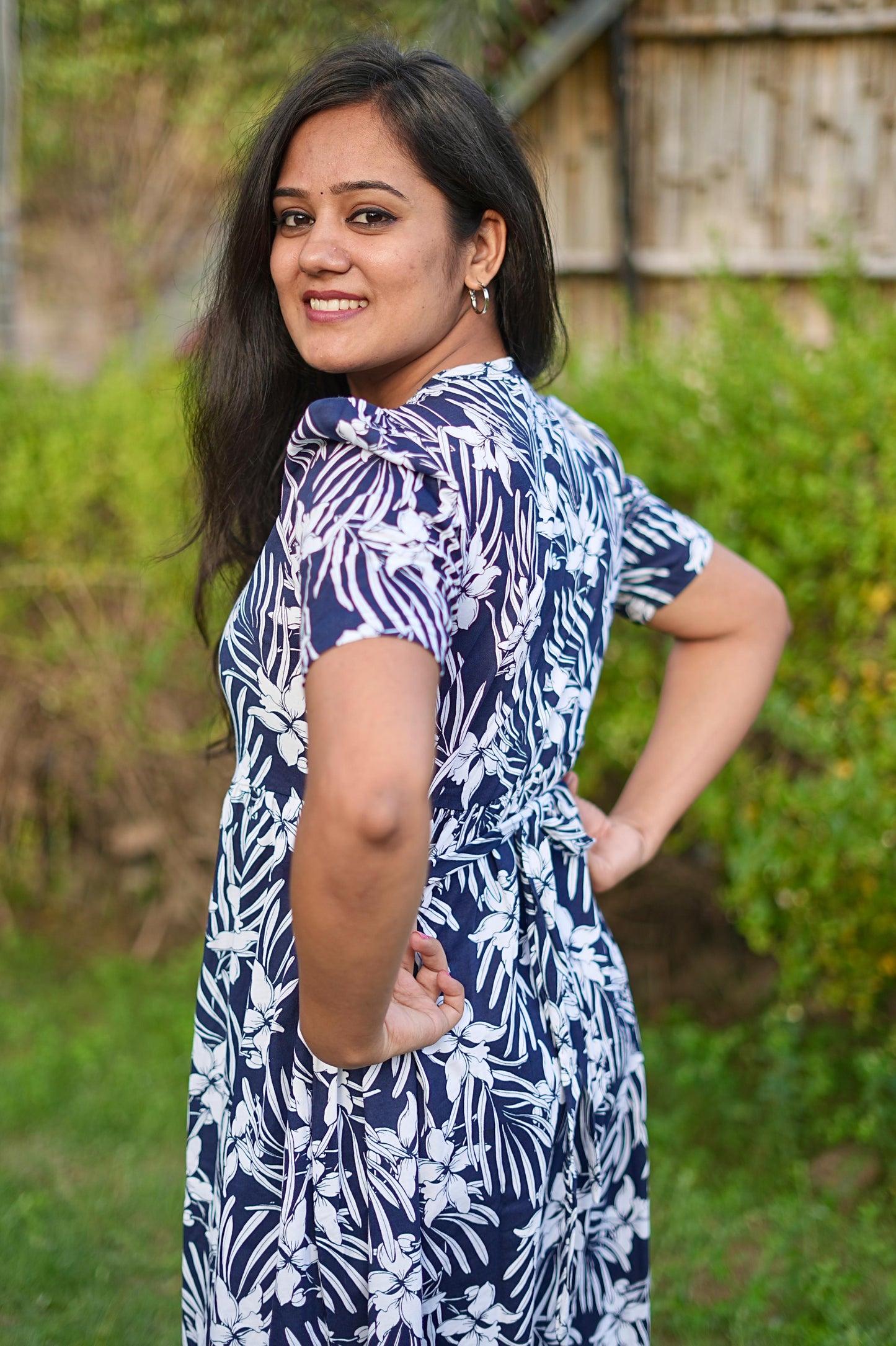 PUFF TYPE MAXI COTTON LOUNGE WEAR WITH FLORAL NAVY