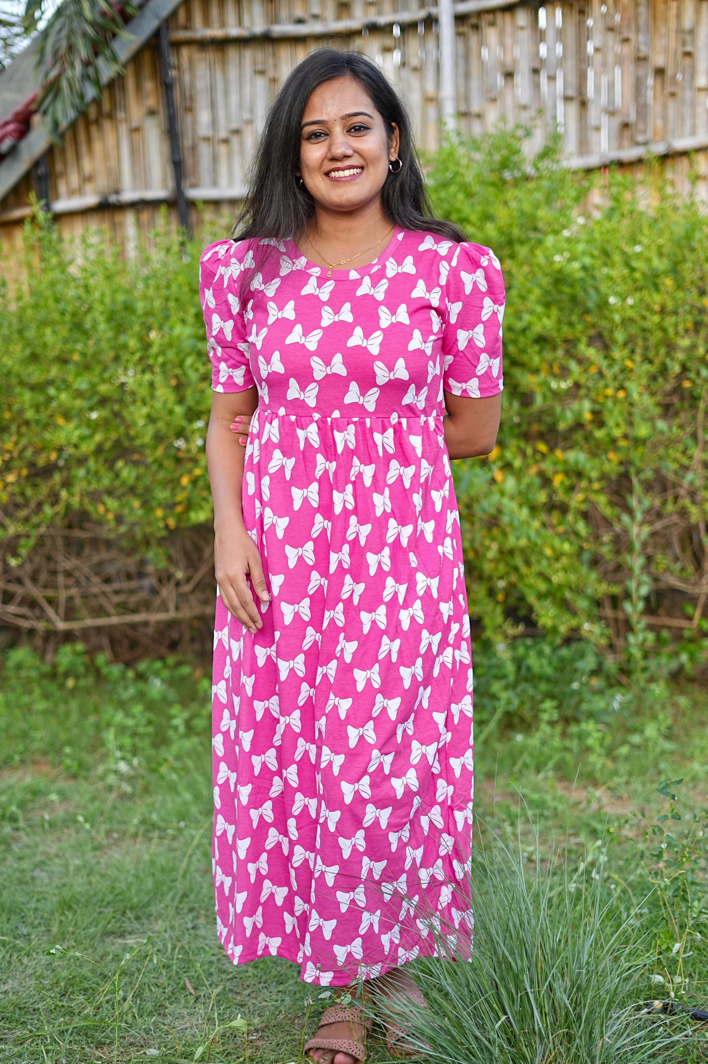 PUFF TYPE MAXI COTTON LOUNGE WEAR WITH BUTTERFLY PINKY