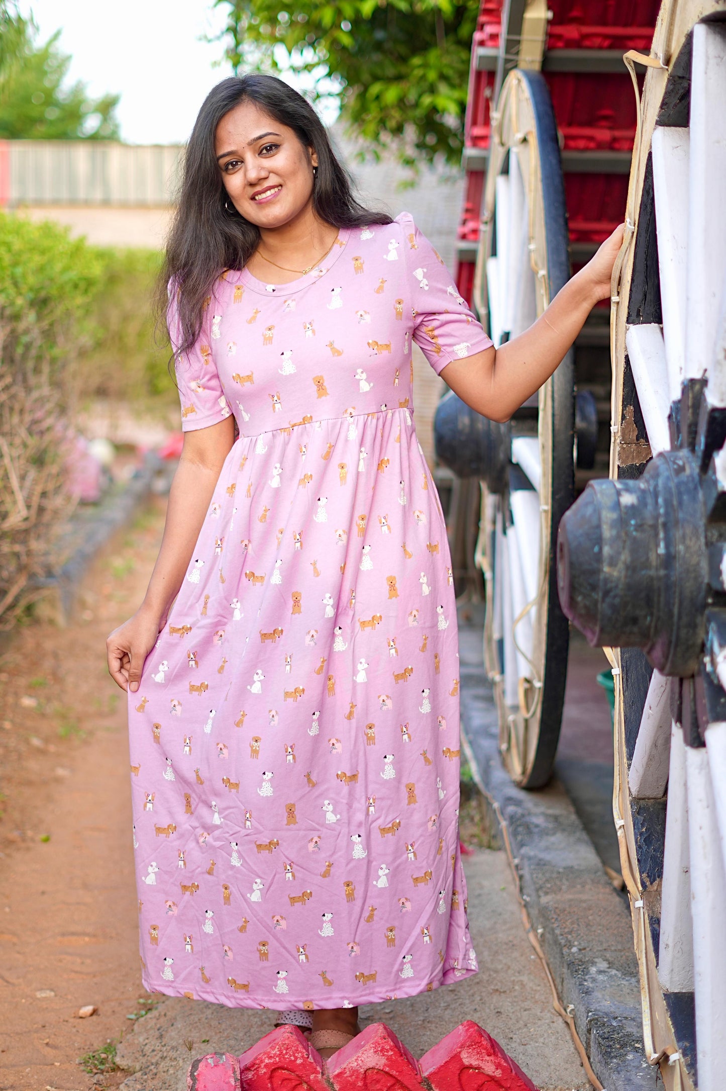 PUFF TYPE MAXI COTTON LOUNGE WEAR WITH PUPPY PINK