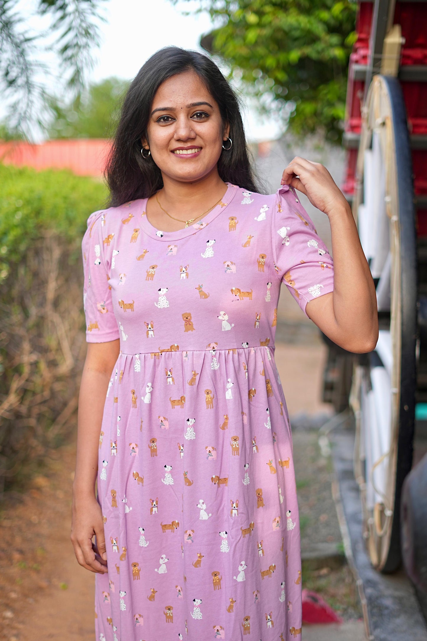 PUFF TYPE MAXI COTTON LOUNGE WEAR WITH PUPPY PINK