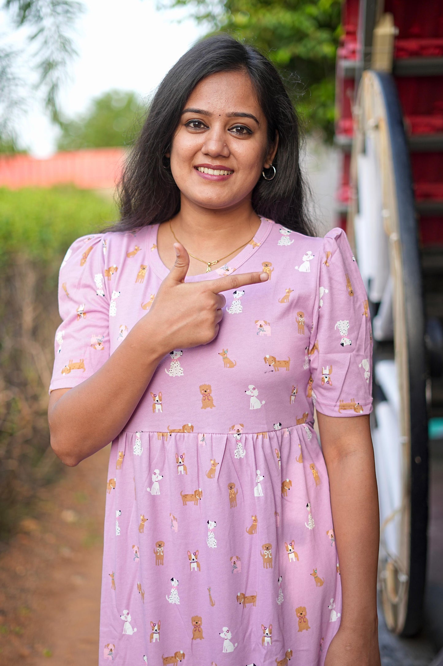 PUFF TYPE MAXI COTTON LOUNGE WEAR WITH PUPPY PINK