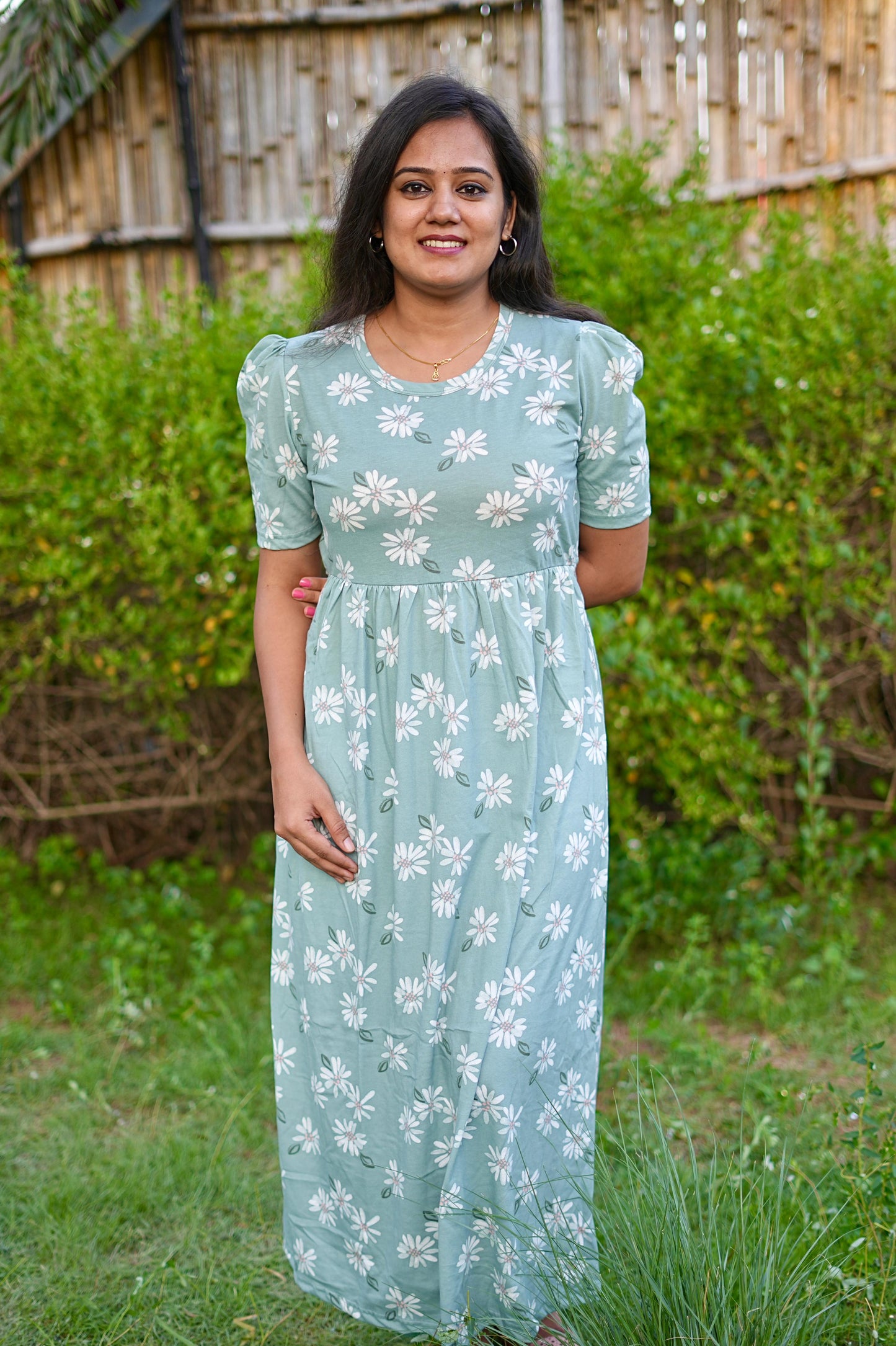 PUFF TYPE MAXI COTTON LOUNGE WEAR WITH FLORAL GREEN