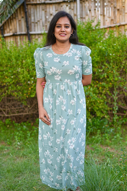 PUFF TYPE MAXI COTTON LOUNGE WEAR WITH FLORAL GREEN