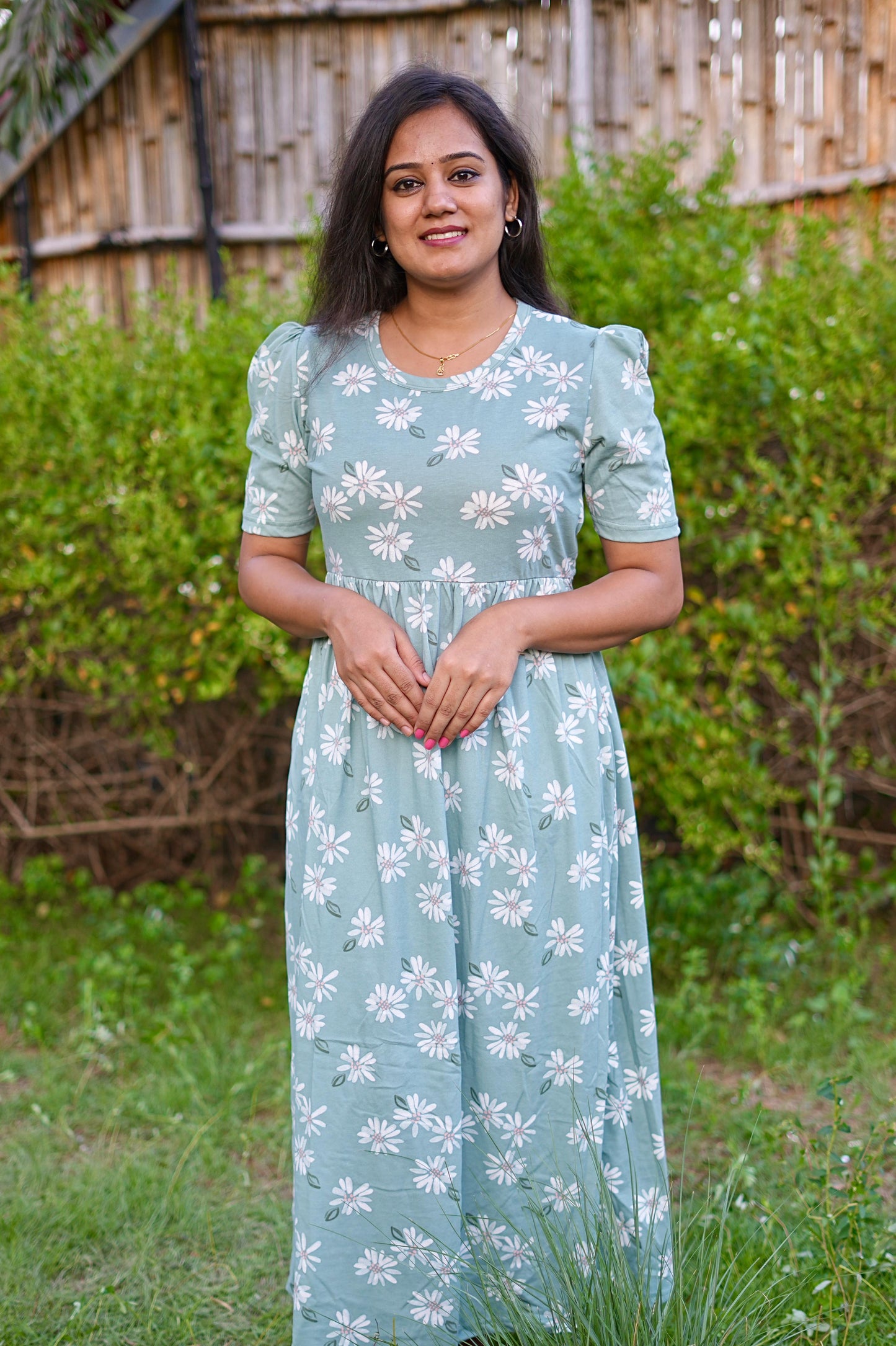 PUFF TYPE MAXI COTTON LOUNGE WEAR WITH FLORAL GREEN