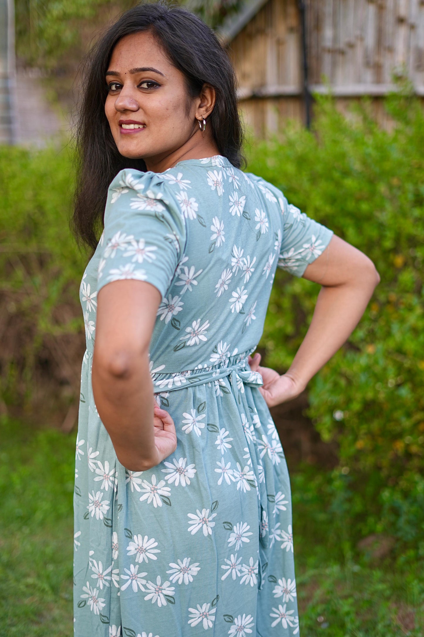 PUFF TYPE MAXI COTTON LOUNGE WEAR WITH FLORAL GREEN