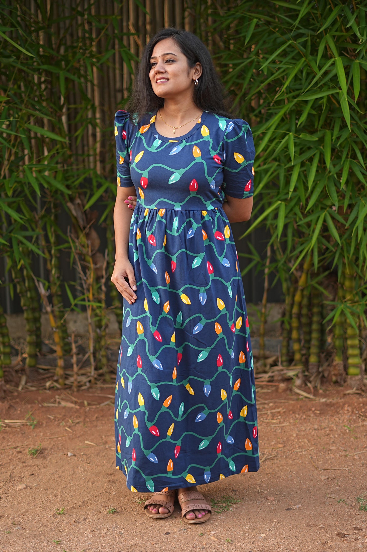 PUFF TYPE MAXI COTTON LOUNGE WEAR WITH NAVY GLOW