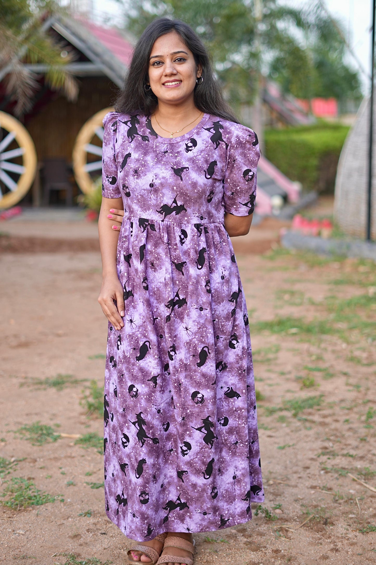PUFF TYPE MAXI COTTON LOUNGE WEAR WITH VIOLA VIOLET