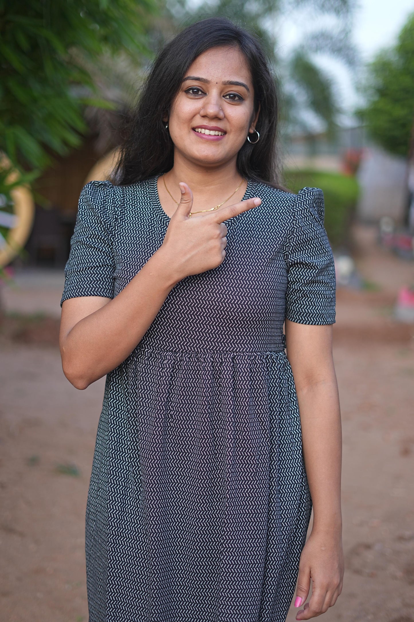 PUFF TYPE MAXI COTTON LOUNGE WEAR WITH BLACKY STRIPS