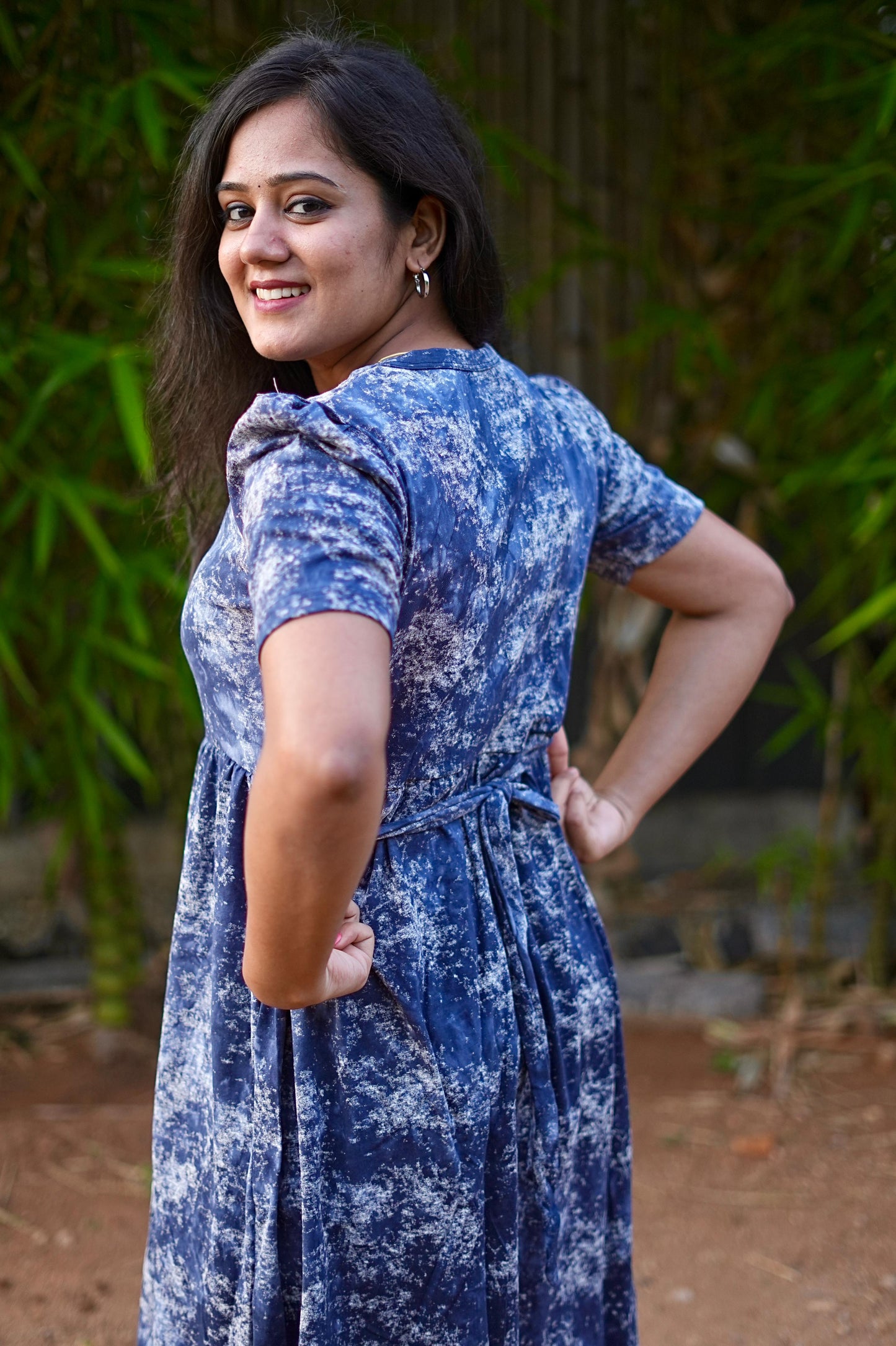 PUFF TYPE MAXI COTTON LOUNGE WEAR WITH NAVY PINCH