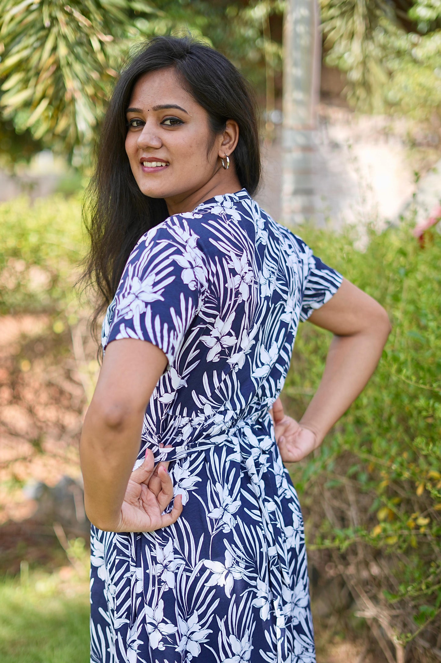 Frill Type Maternity Zipless Lounge Wear for Floral Navy