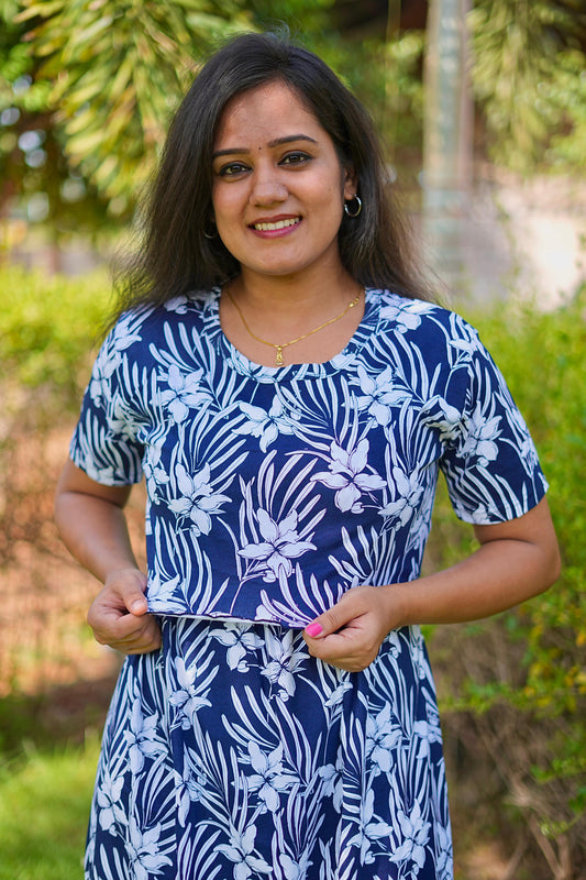 Frill Type Maternity Zipless Lounge Wear for Floral Navy