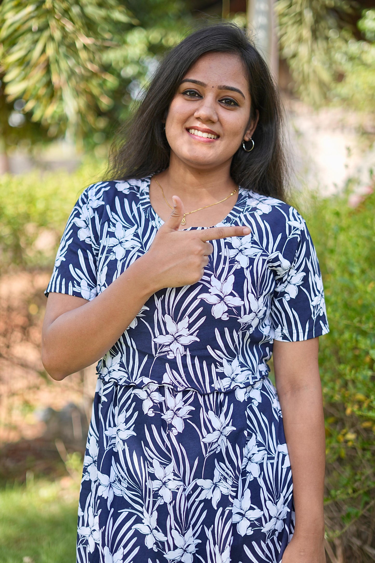 Frill Type Maternity Zipless Lounge Wear for Floral Navy