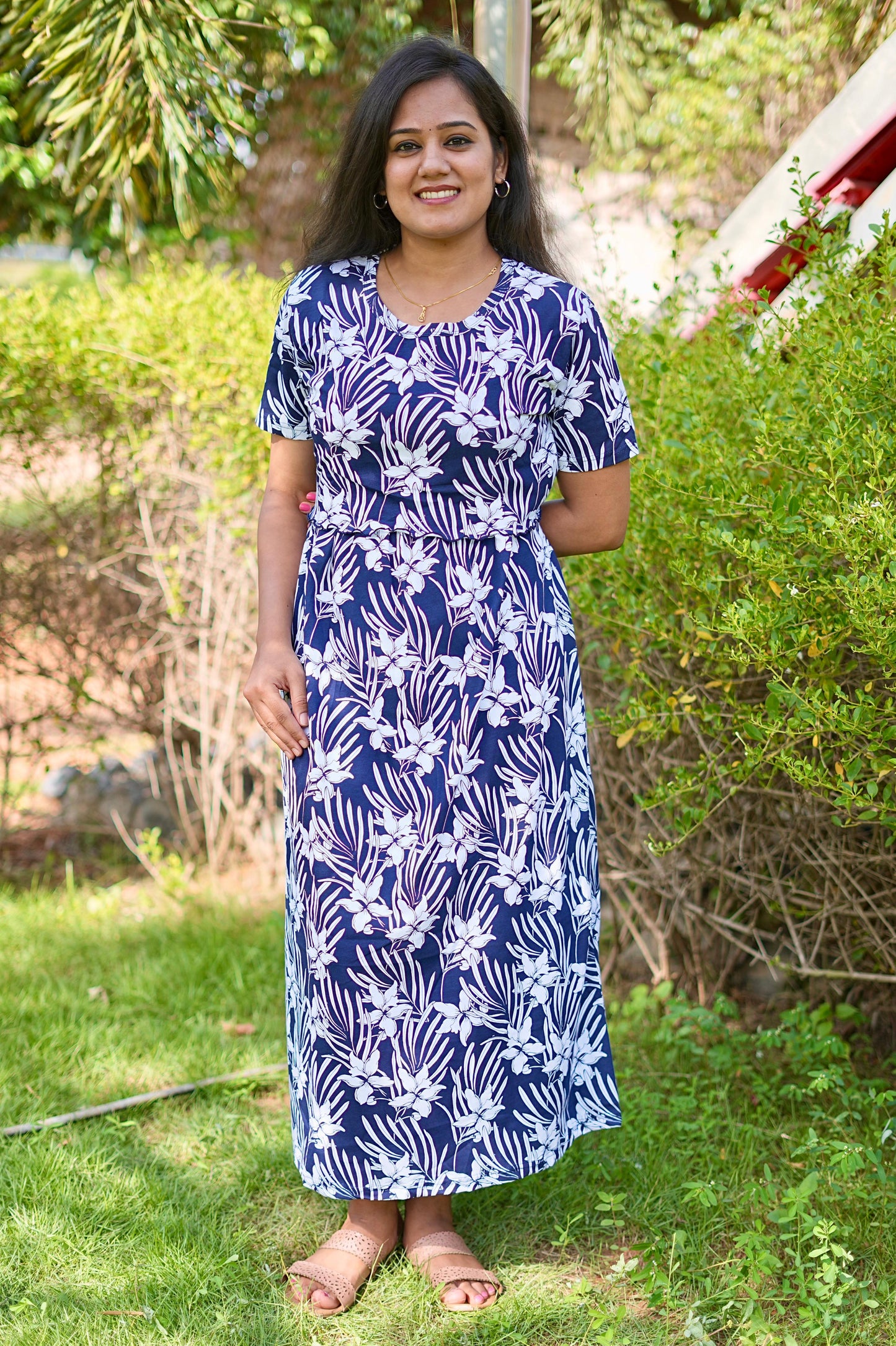 Frill Type Maternity Zipless Lounge Wear for Floral Navy