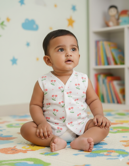 (3 Pc) Muslin Snap Button Jabla Sleeve Less