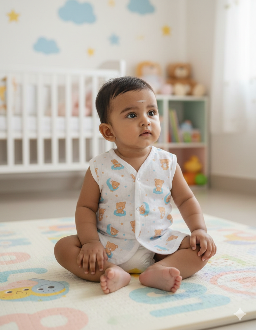 (3 Pc) Muslin Snap Button Jabla Sleeve Less