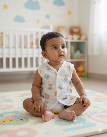 (3 Pc) Muslin Snap Button Jabla Sleeve Less