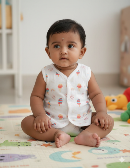 (3 Pc) Muslin Snap Button Jabla Sleeve Less