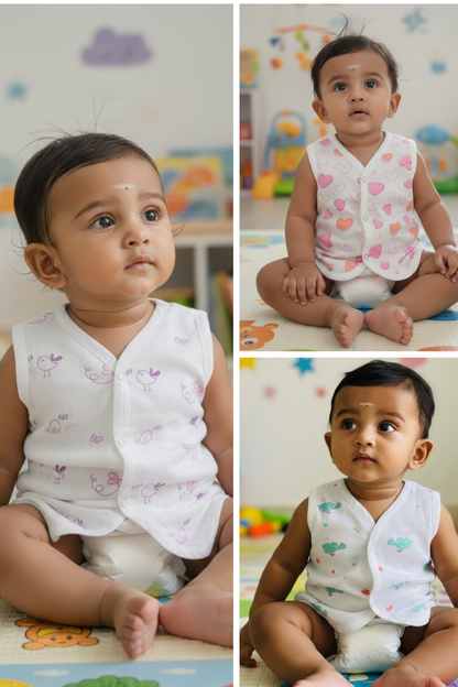 (3 Pc) Muslin Snap Button Jabla Sleeve Less