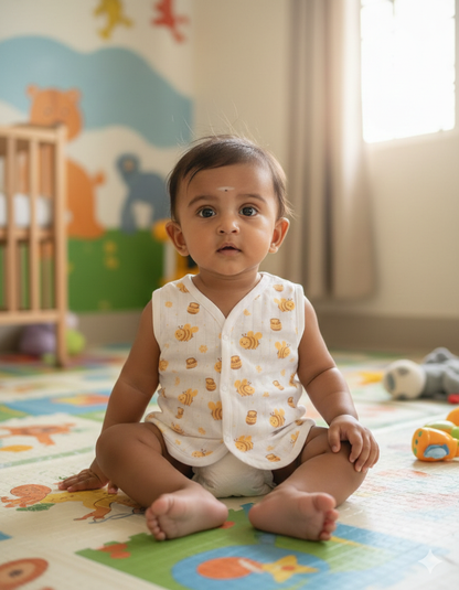 (3 Pc) Muslin Snap Button Jabla Sleeve Less