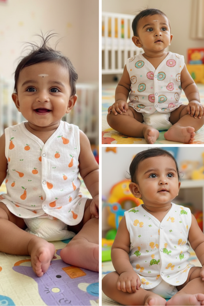 (3 Pc) Muslin Snap Button Jabla Sleeve Less