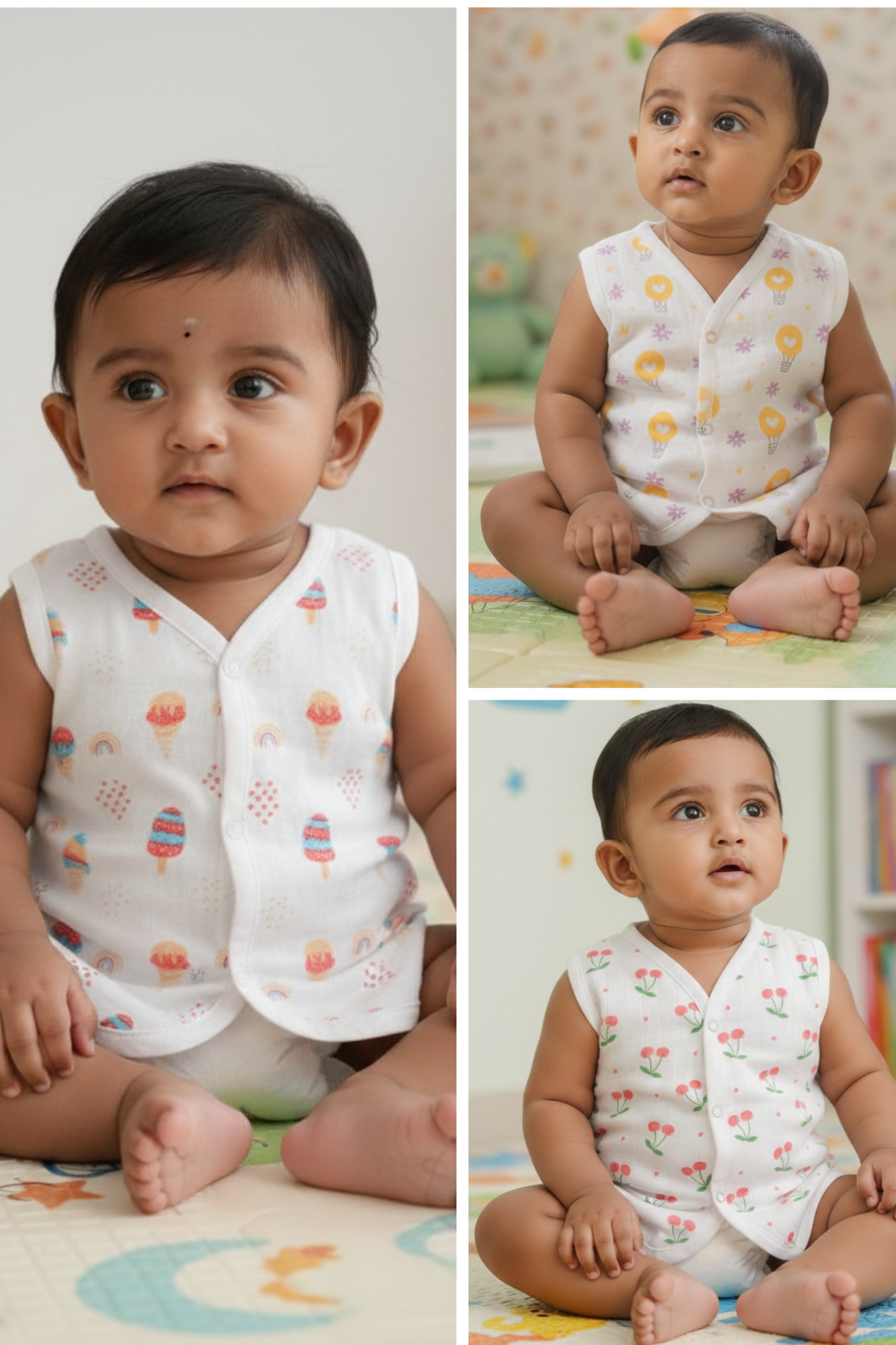 (3 Pc) Muslin Snap Button Jabla Sleeve Less