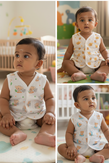 (3 Pc) Muslin Snap Button Jabla Sleeve Less