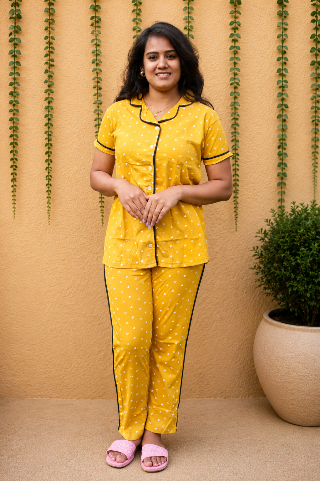 PREMIUM COLLAR PYJAMA SET DRESS WITH YELLOW HEART