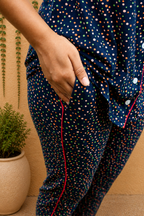 PREMIUM COLLAR PYJAMA SET DRESS WITH NAVY DOT