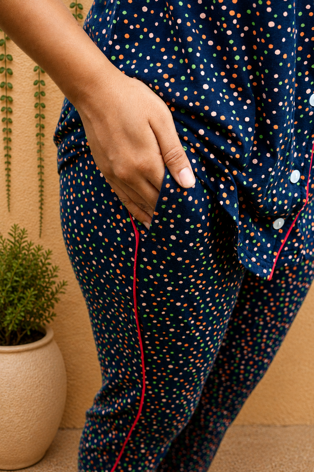 PREMIUM COLLAR PYJAMA SET DRESS WITH NAVY DOT