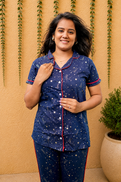 COLLAR PYJAMA SET DRESS WITH STAR NAVY